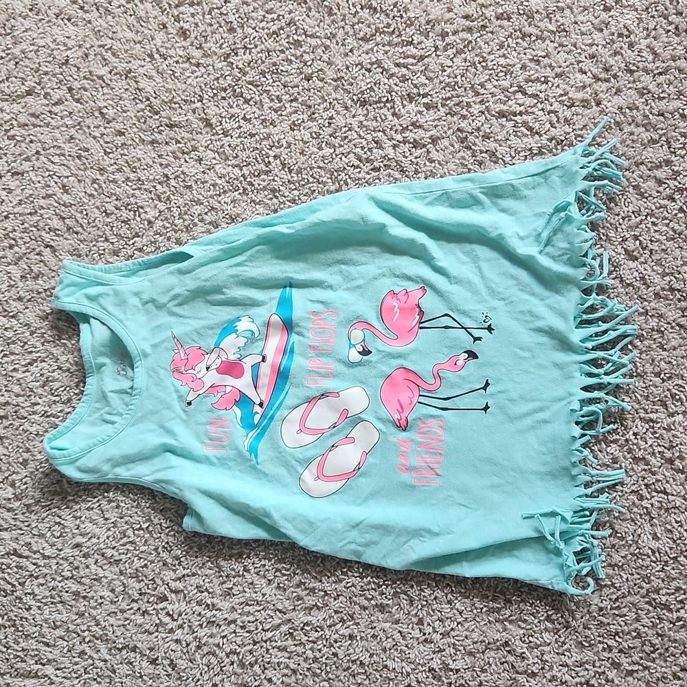 Bogo Girls 12 Justice Tank Teal with Pink Accents and Fringe Bottom
